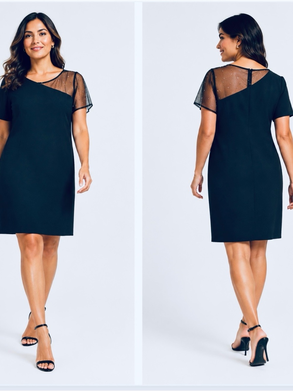 Karl Lagerfeld. Elegant black dress with a pearl- embellished mesh shoulder.